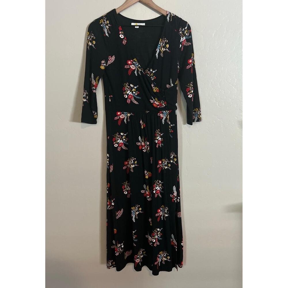 Boden Womens size 4 Black Floral Midi Wrap Dress‎ Elegant Boho Chic